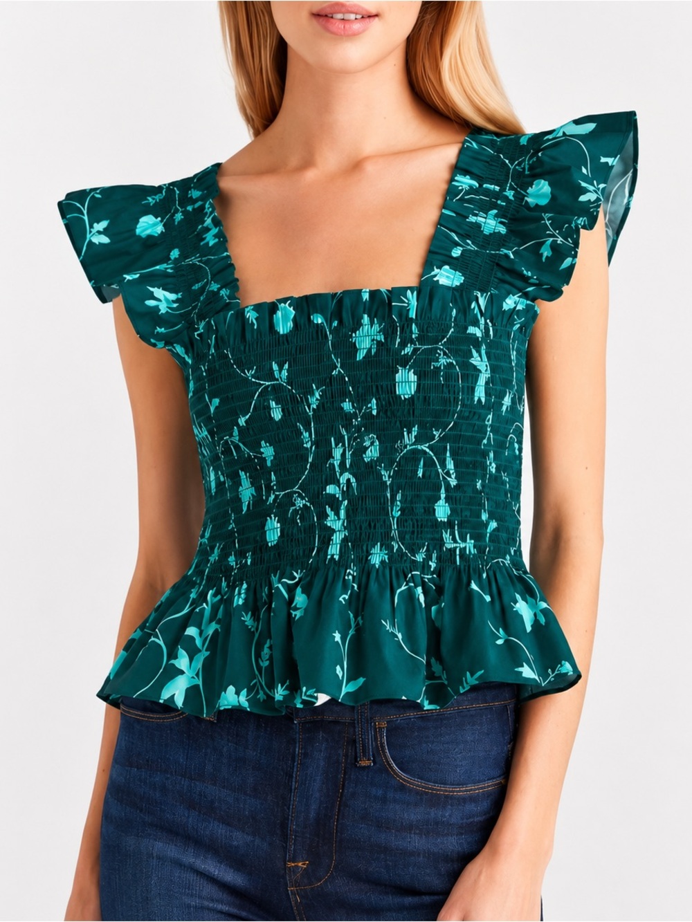Hill House Smocked Peplum Floral Botanical Emerald Green Paz Top Size Small - Picture 1 of 6